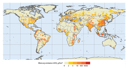 Map of global anthropogenic mercury emissions in 2010 highlighting Asia as the largest source